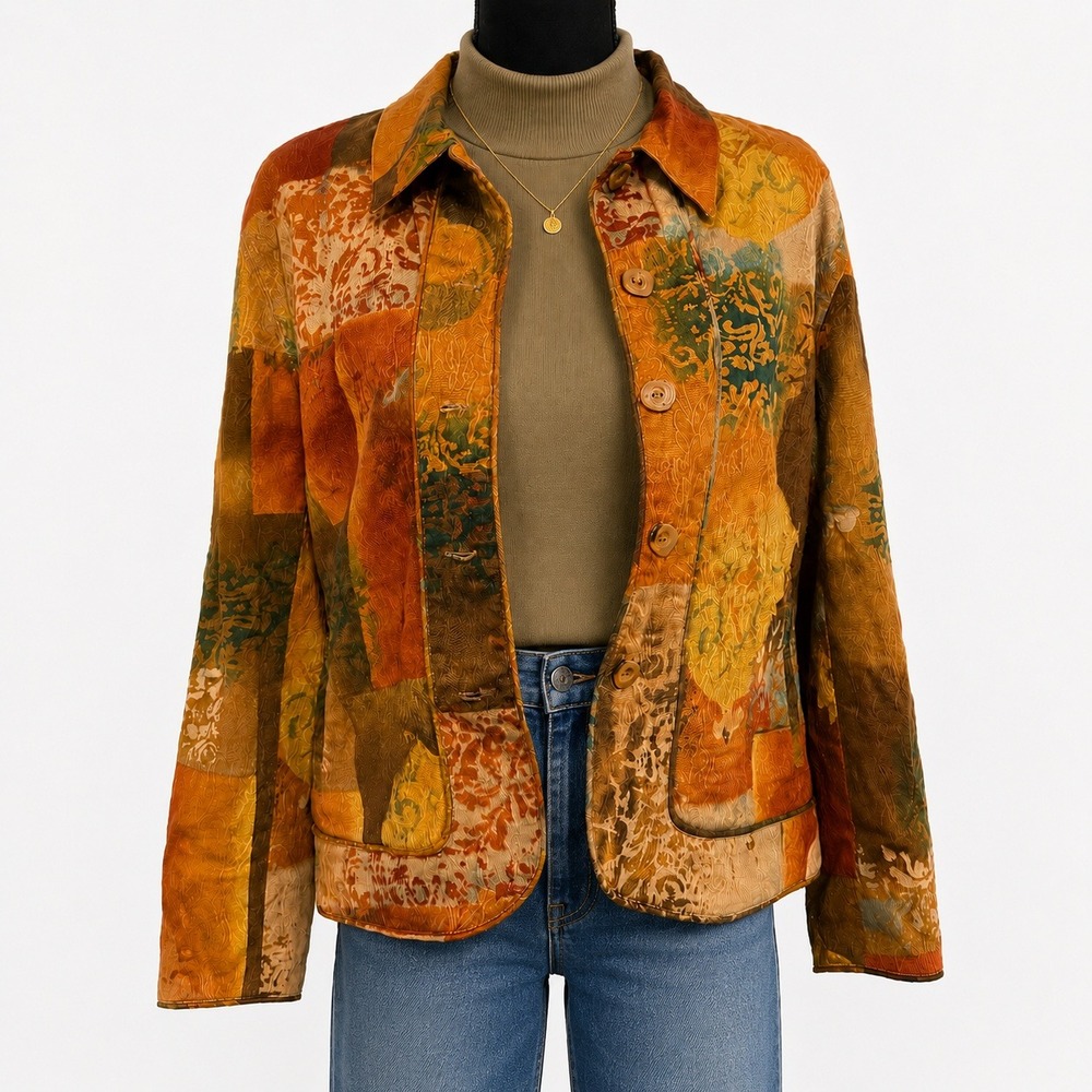 Coldwater Creek Women Orange Patchwork Tapestry Jacket Petite Large Boho